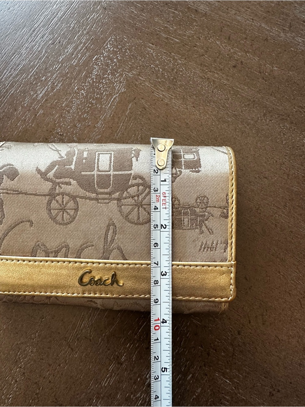 Coach Horse and Carriage fabric and metallic gold leather trim trifold wallet - Picture 15 of 16